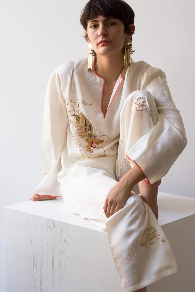 1940s Golden Dragon Jacquard Silk Pajamas