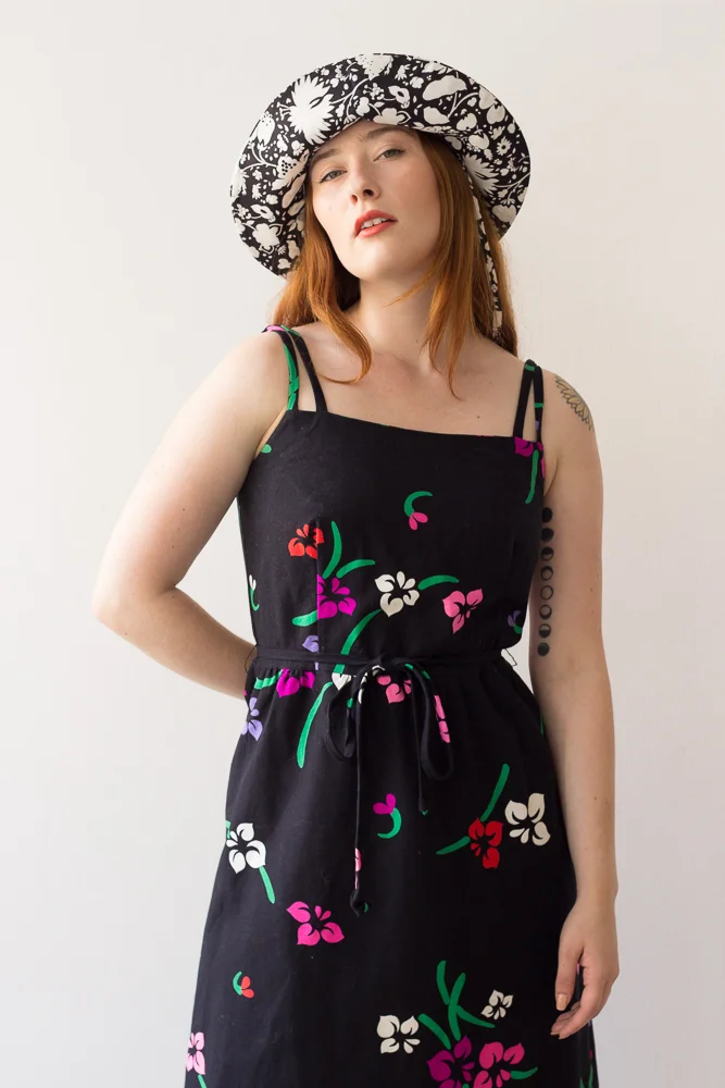 1970s Black Floral Cotton Sun Dress