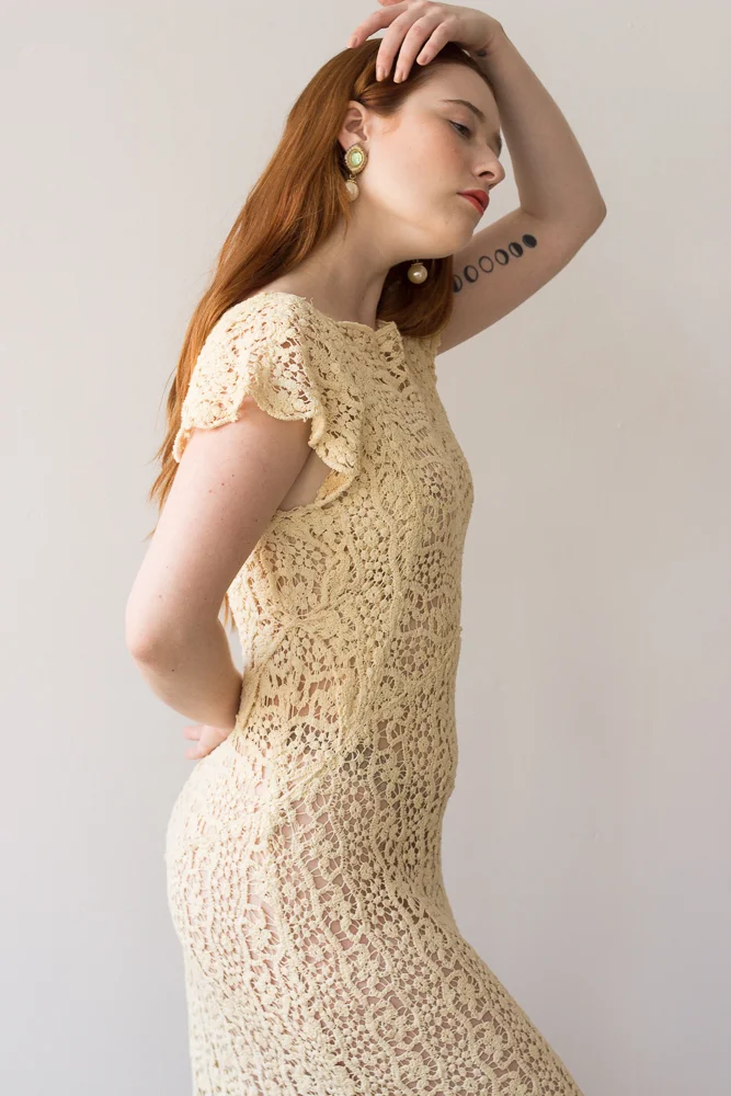 1930s Cream Cotton Crocheted Bias Cut Dress  Wayward Collection