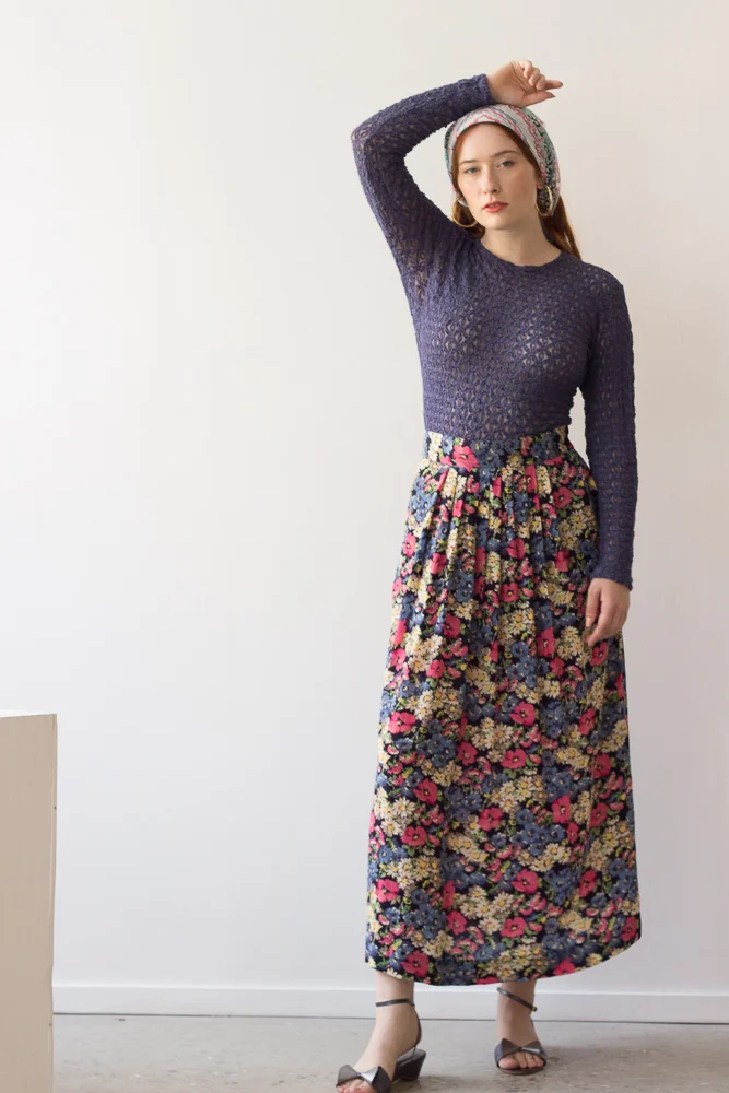 1980s Floral Crepe Midi Skirt