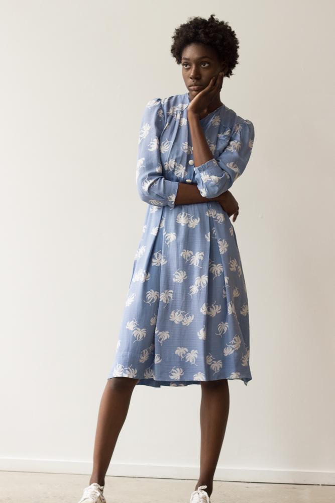 1940s Palm Print Woven Silk Day Dress