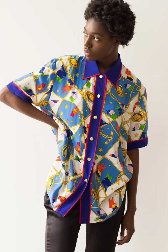 1980s Flag Scarf Print Silk Campshirt