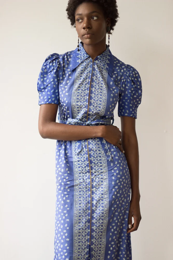 1930s Blue Bandana Taffeta Print Maxi Dress