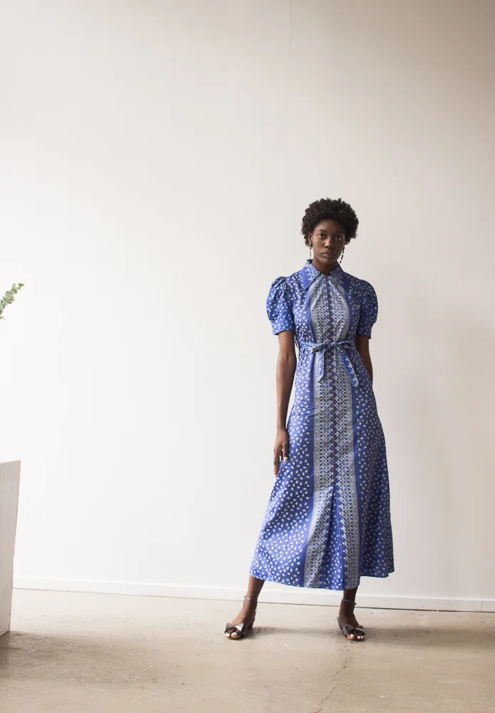 1930s Blue Bandana Taffeta Print Maxi Dress  Wayward Collection
