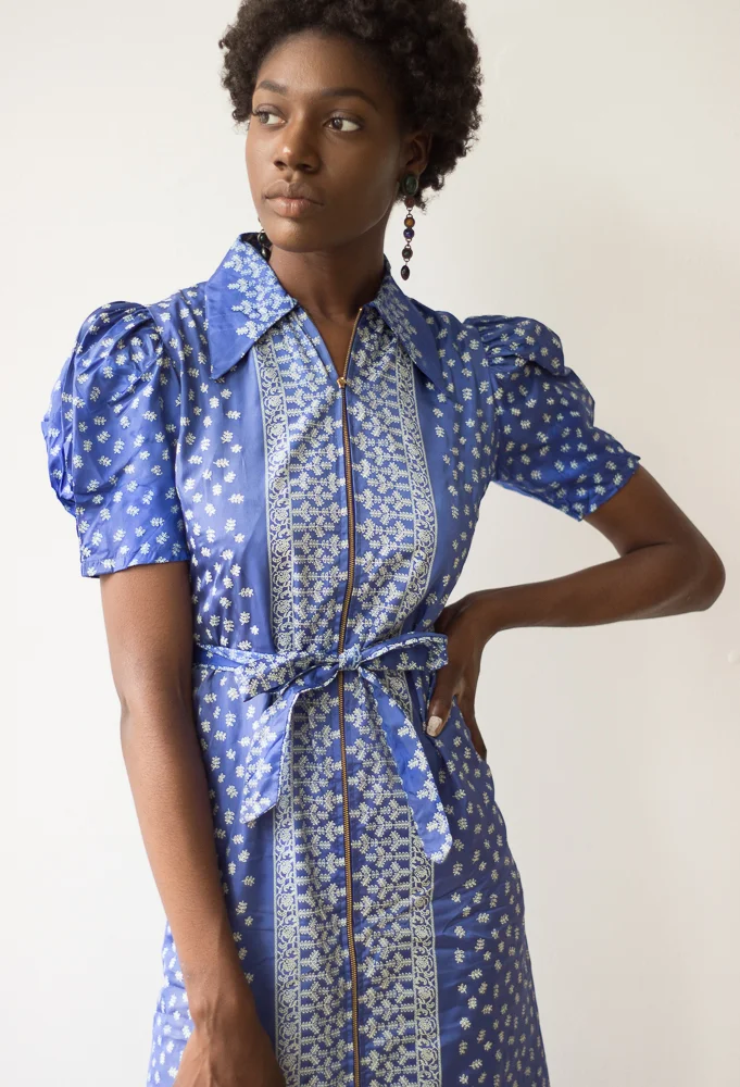 1930s Blue Bandana Taffeta Print Maxi Dress Wayward Collection 1930s Blue Bandana Taffeta Print Maxi Dress Wayward Collection