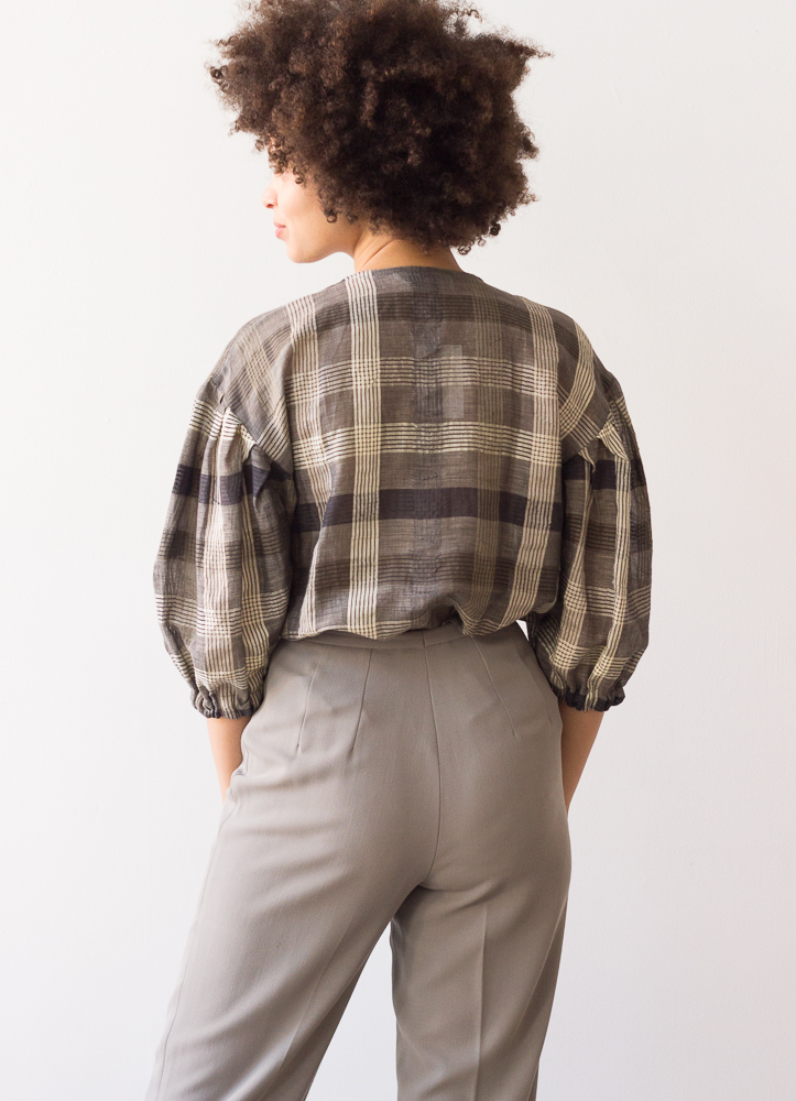 1980s Plaid Linen Puff Sleeve Top