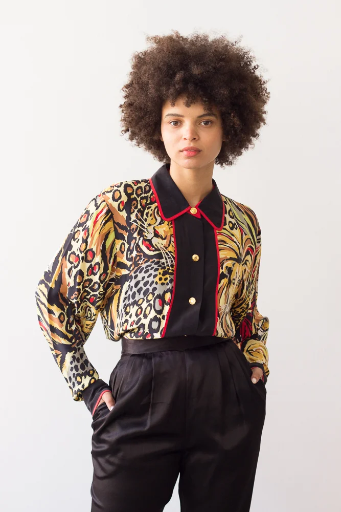 1980s Bob Mackie Leopard Print Foulard Silk Top