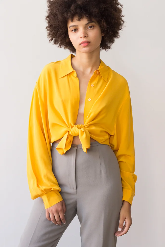 1980s Oversize Marigold Yellow Silk Blouse