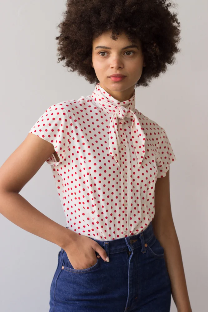 1940s Rayon Jersey Polka Dot Kerchief Collar Top