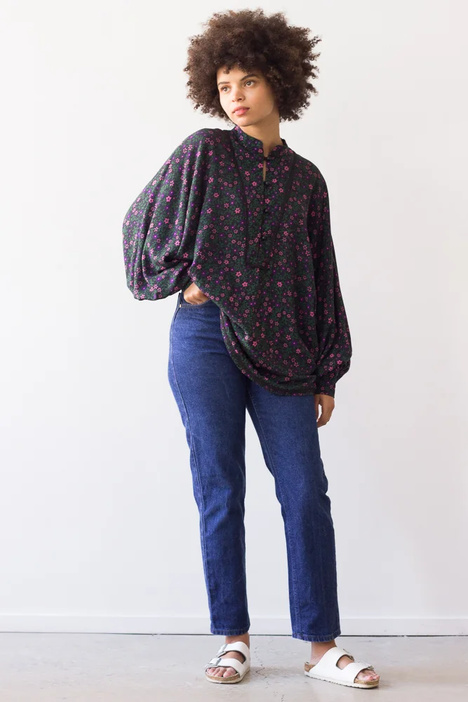 1970s Indian Rayon Dark Floral Poet Blouse