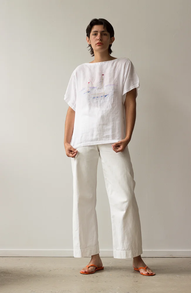 1980s Ralph Lauren Painted Sail Boat Linen Top