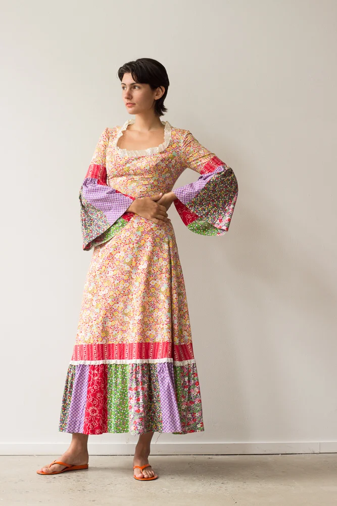 1970s Cotton Patchwork Bell Sleeve Dress