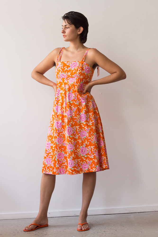 1970s Hot Orange Chrysanthemum Print Sun Dress