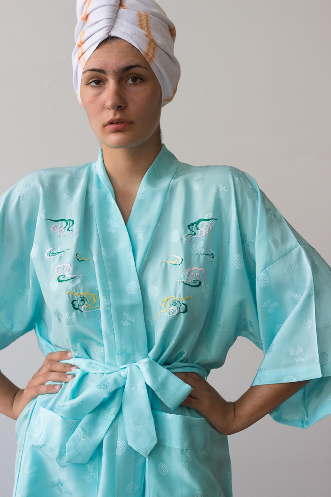 1960s Turquoise Dragon Silk Robe