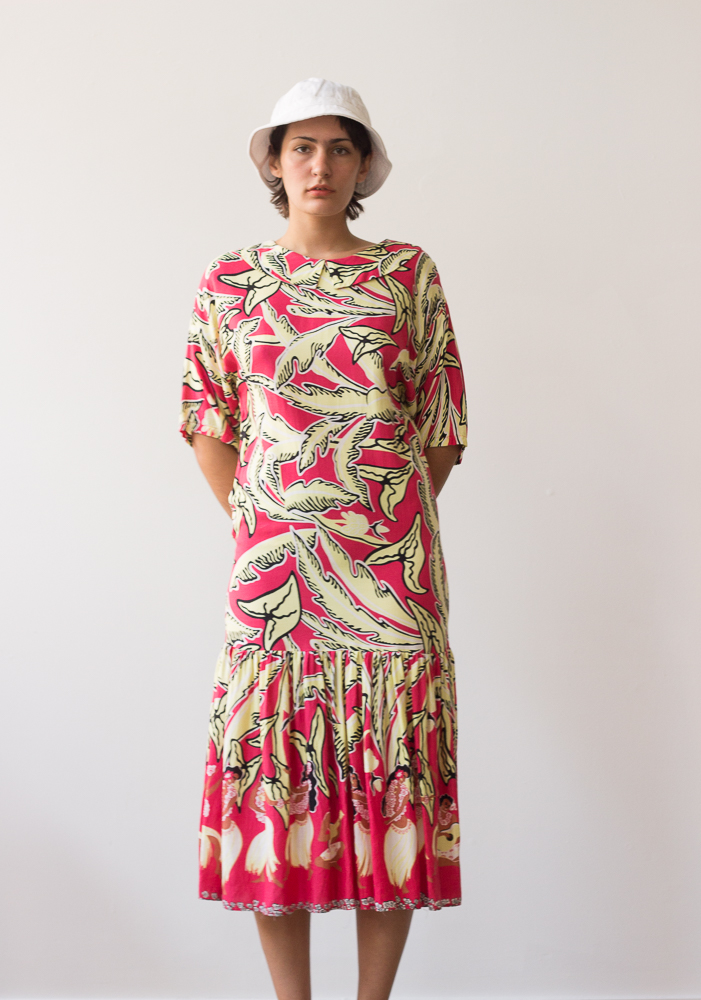1980s Nicole Miller Hula Girl Print Dress