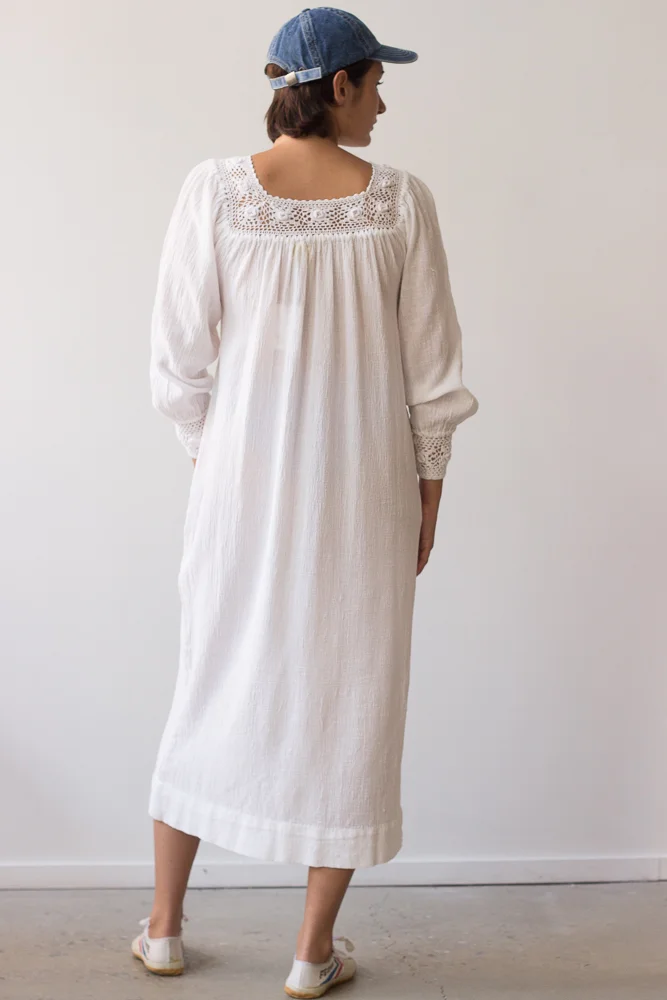 1970s White Crocheted Gauze Long Sleeve Maxi Dress