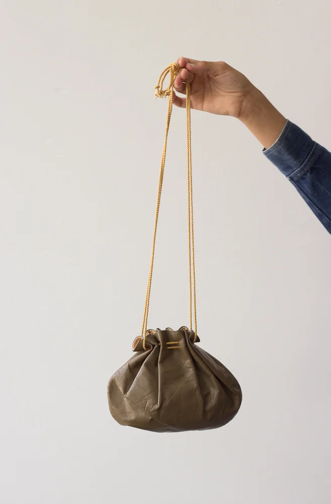 1970s English Leather Drawstring Mini Bag - Taupe