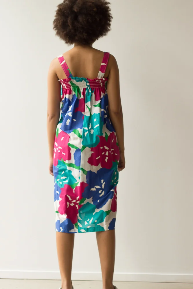 1970s Cotton Floral Smocked Trapeze Sun Dress