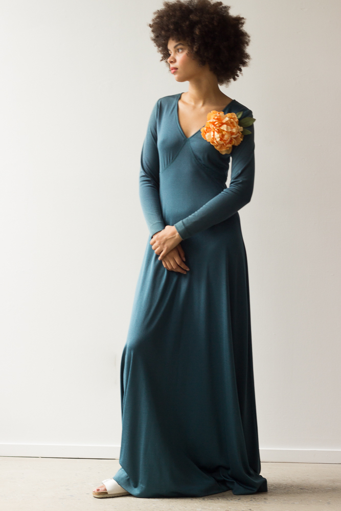 1970s Joyce Stevens Dark Turquoise Jersey Gown with Giant Flower Pin