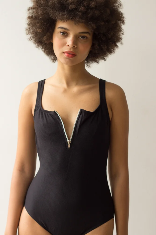 1980s Deadstock Black Maillot with Metal Zip