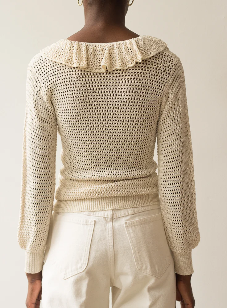1970s Creme Crocheted Top with Ruffled Collar