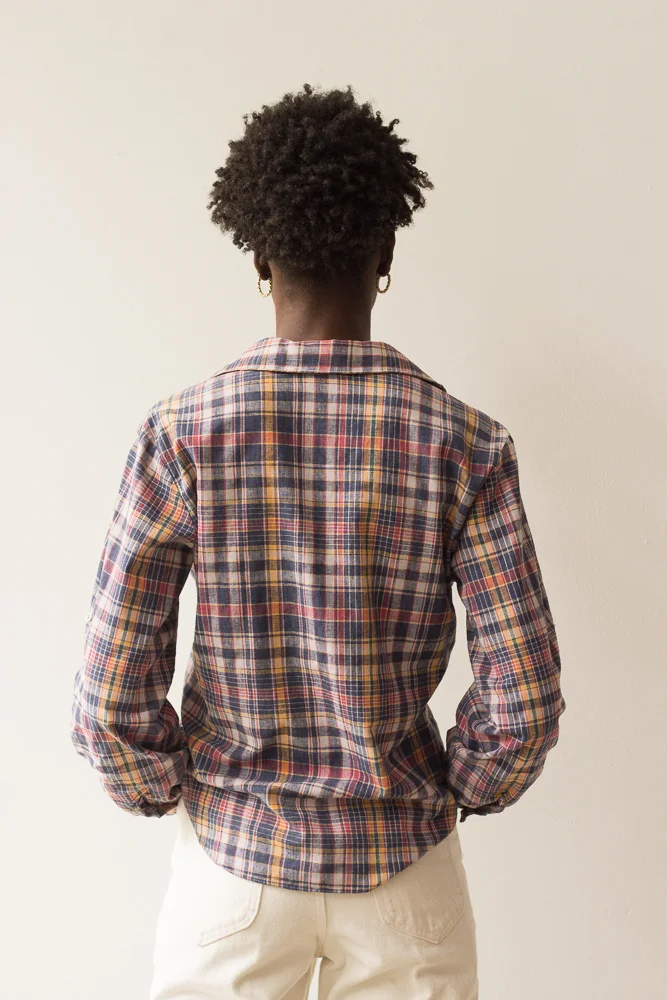 1970s  Denim Blue Plaid Popover Shirt