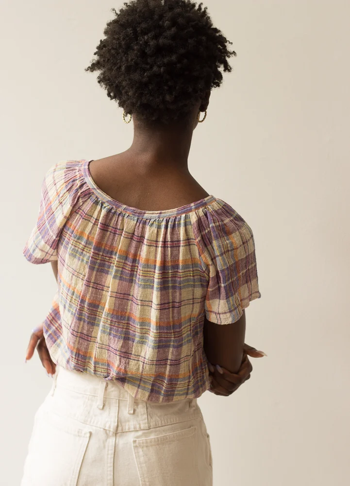 1970s Indian Cotton Lavender Madras Peasant Top