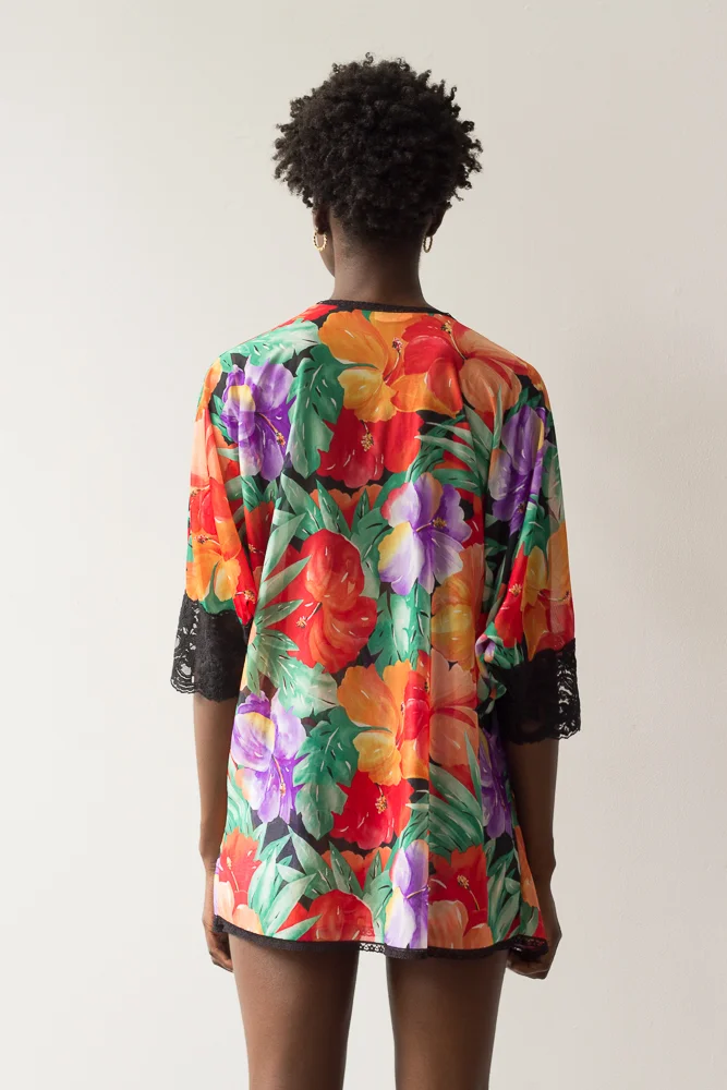 1980s Tropical Floral Print Mini Negligée and Robe