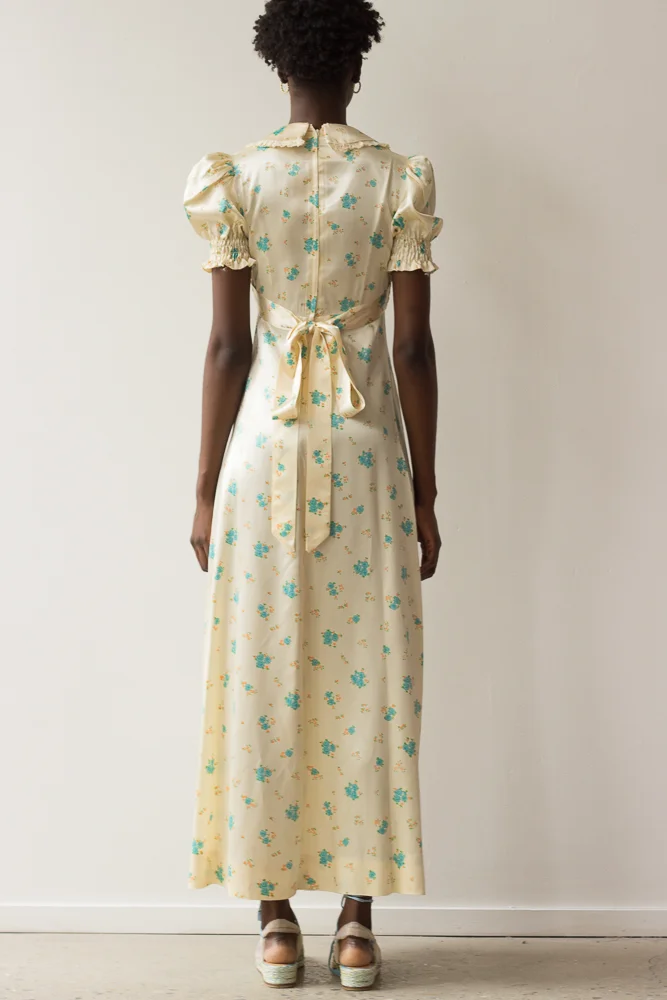 1970s Country Floral Satin Maxi Dress with Puff Sleeves