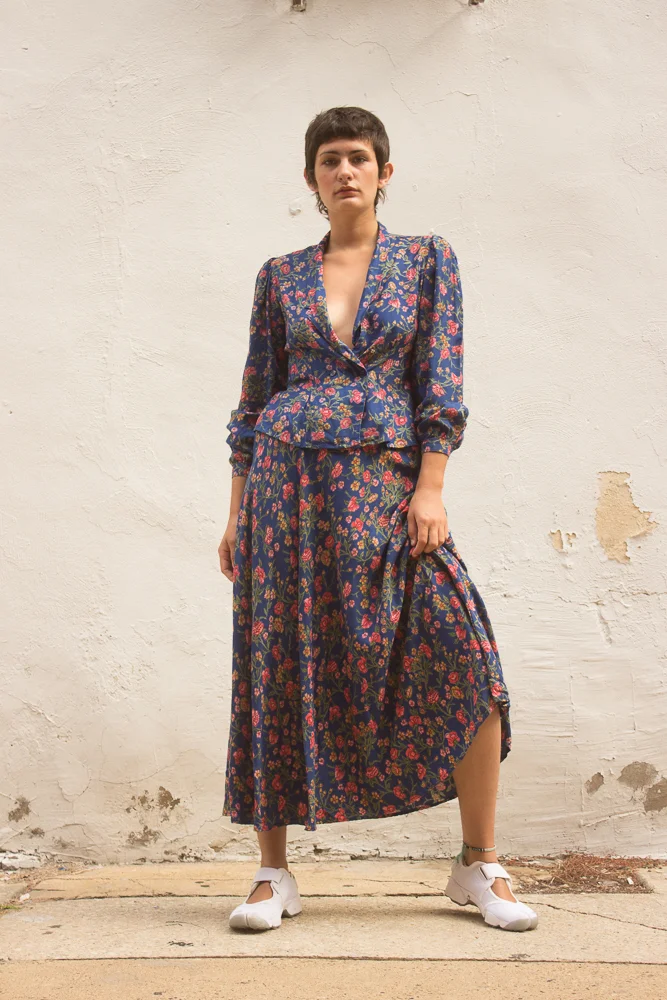 1970s Blue Floral Indian Rayon Maxi Skirt Suit