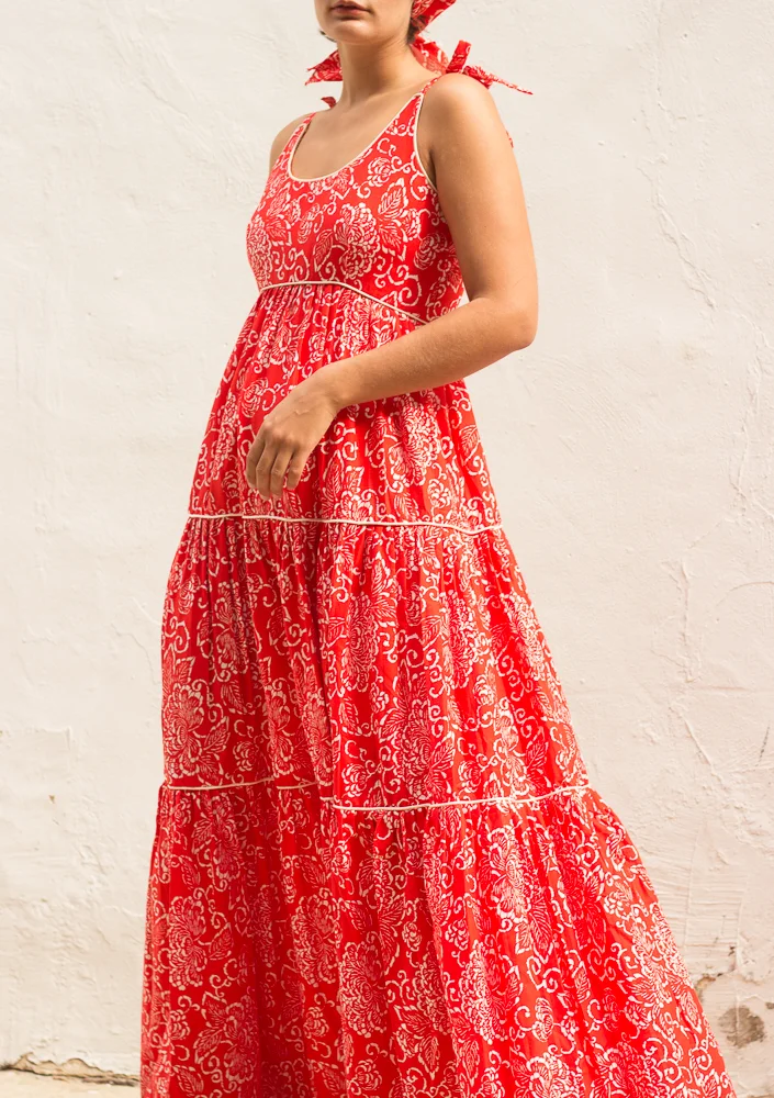 1970s Victor Costa Red Maxi Dress with Kerchief