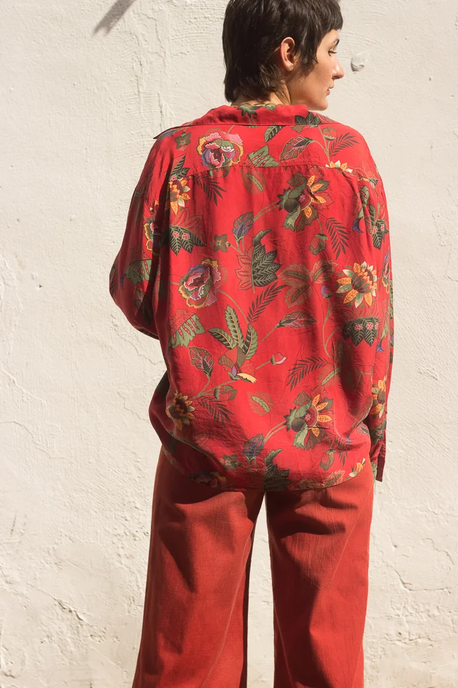 1980s Oversize William Morris Floral Silk Blouse