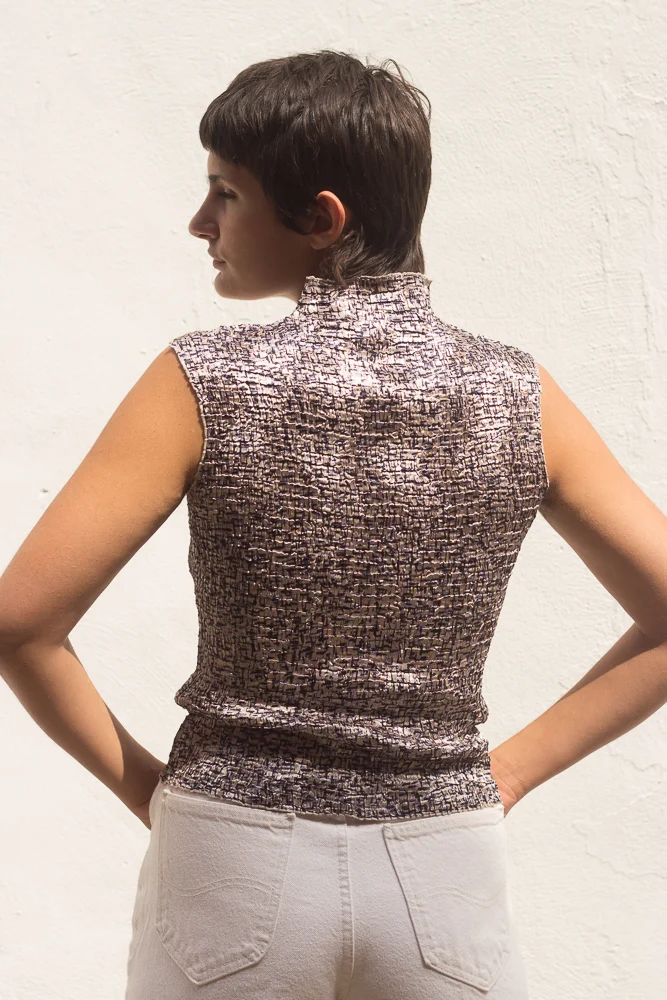 1990s Printed Silver Crinkle Pleat Top