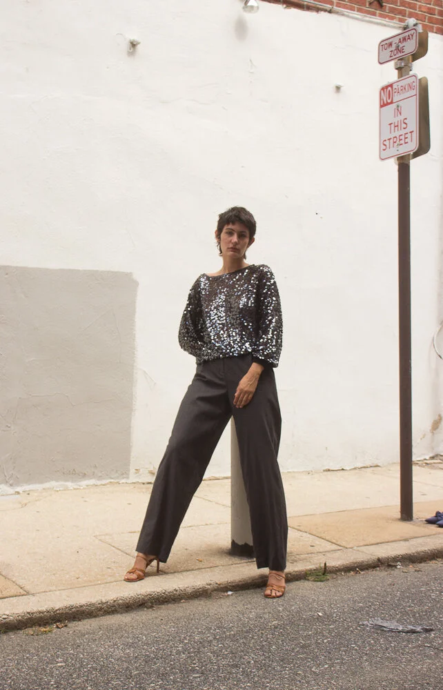 1980s Slate Gray Sequined Mesh Sweatshirt Pullover