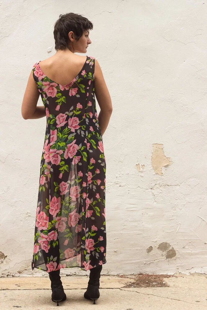 1990s Betsey Johnson Rose Print Sheer Slip Dress
