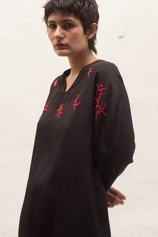 1980s Laura Biagiotti Black Crepe Coral Beaded Dress