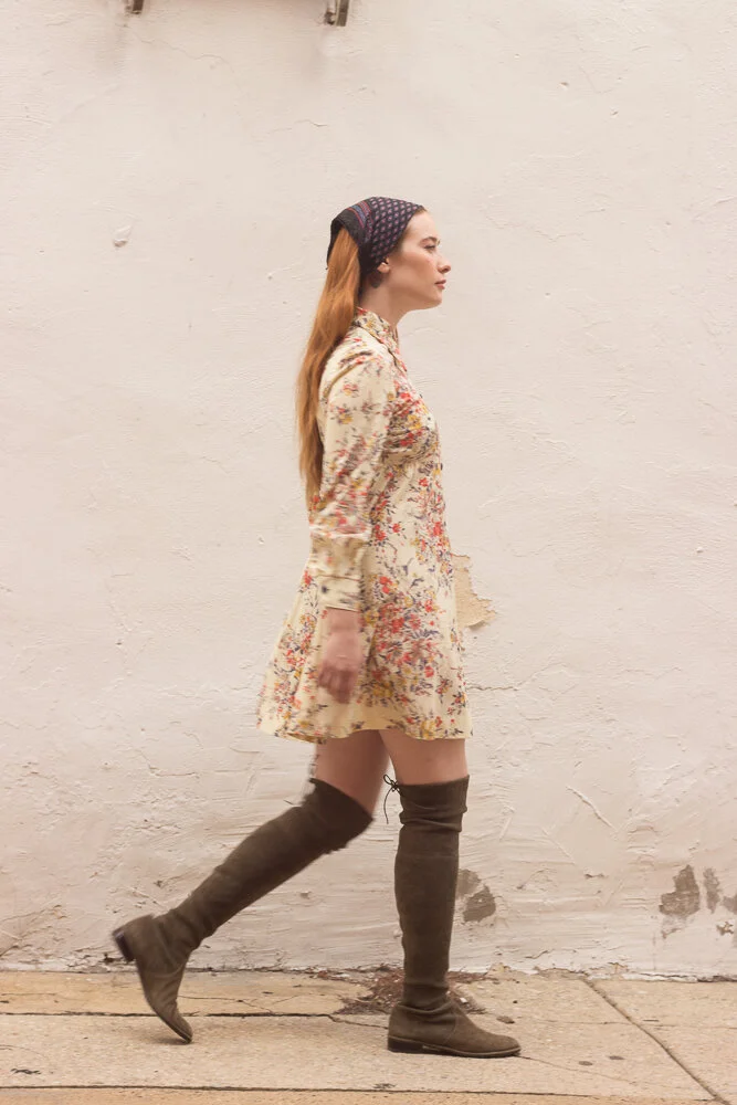 1970s Painterly Floral Babydoll Dress