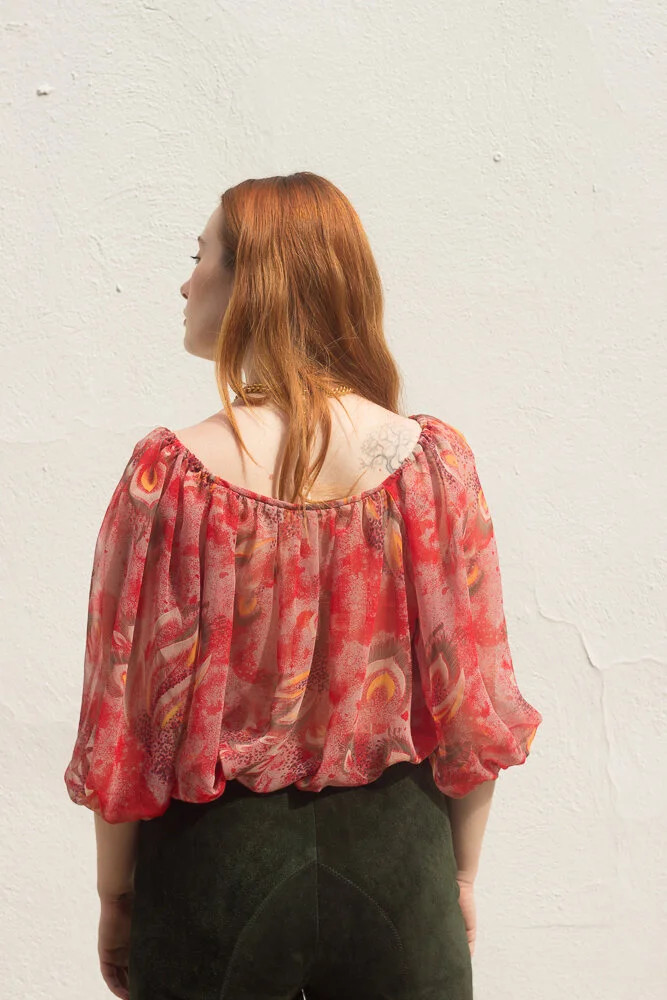 1970s Malbe Chiffon Peasant Top