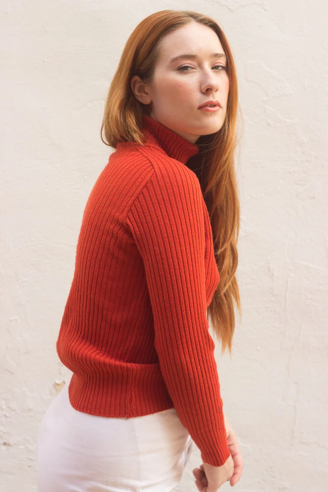 1970s Hot Orange Ribbed Wool Turtleneck
