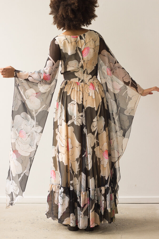 1970s Francheska Valdy Angel Sleeve Gown