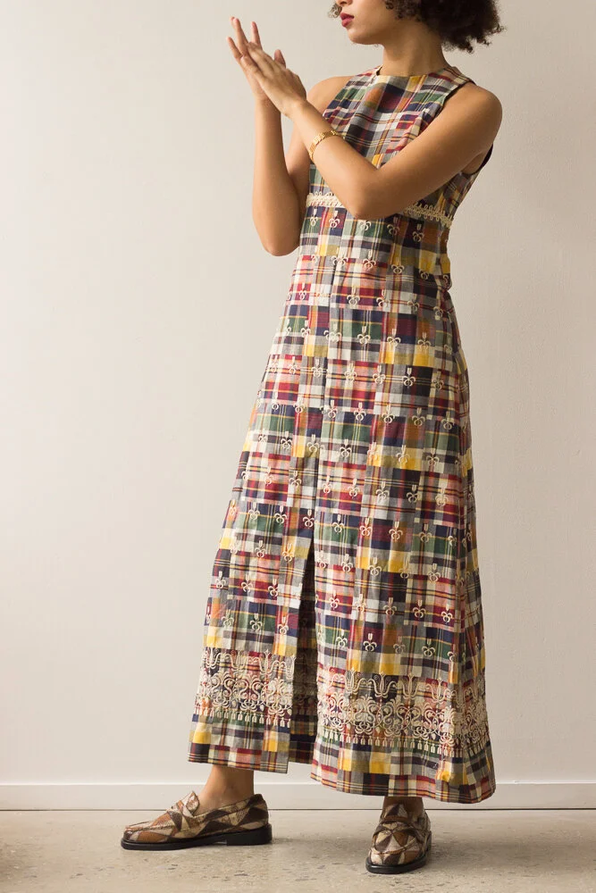1970s Indian Madras Embroidered Maxi Dress