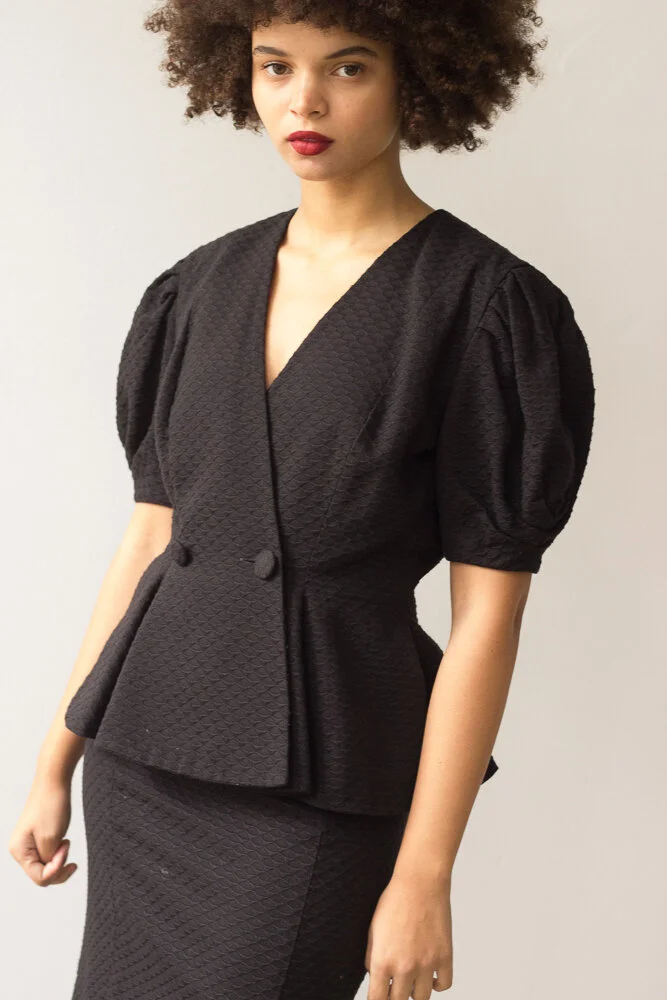 1980s Black Jacquard Puff Sleeve Co-Ord
