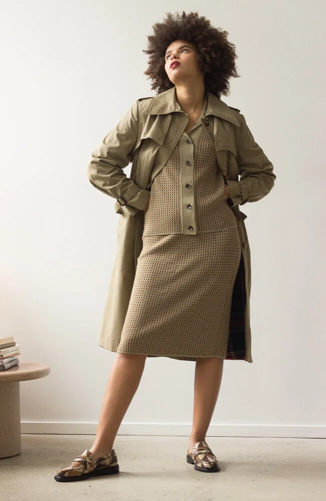 RESERVED - 1970s Khaki Spread Collar Trench Coat