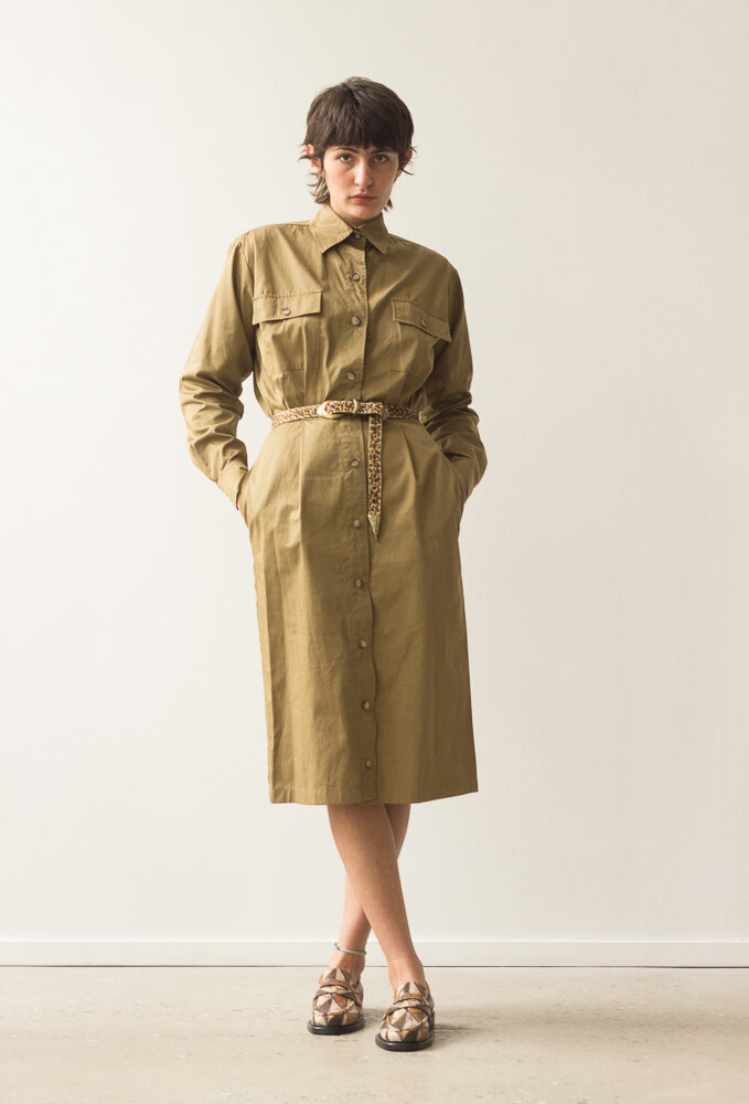 1980s Calvin Klein Classifications Khaki Safari Dress — Wayward Collection