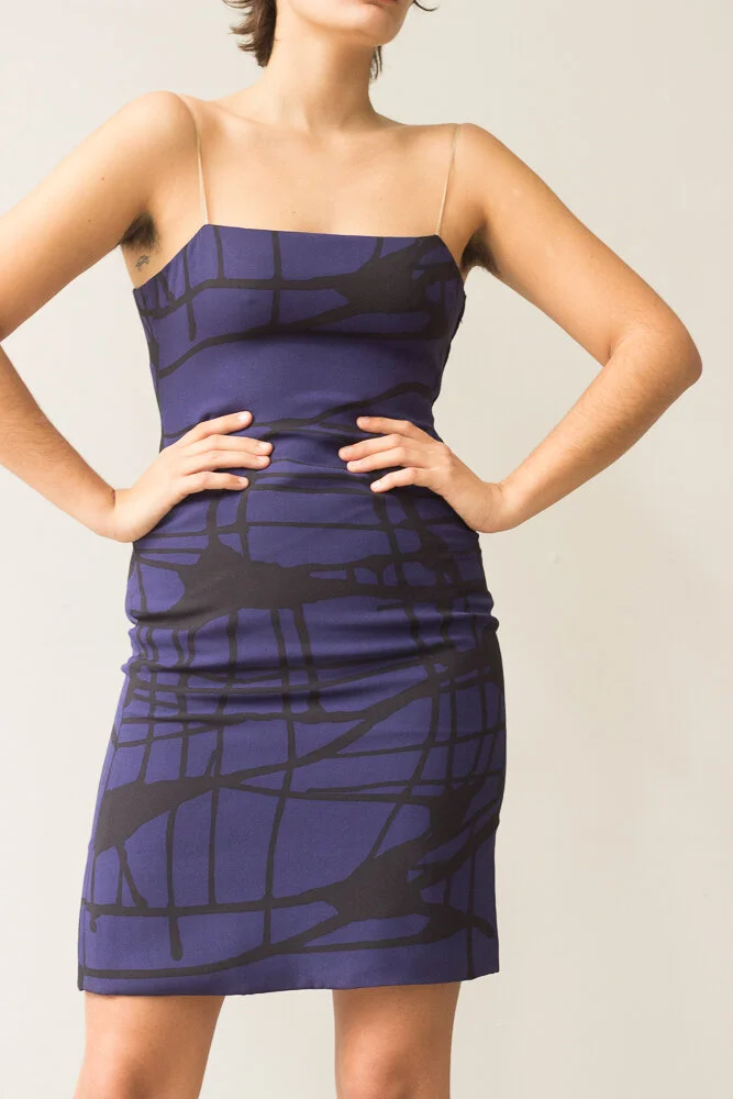 1960s Galanos Black &amp; Blue Silk Crepe