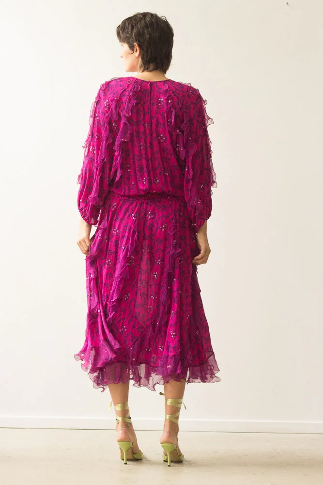 1980s Diane Freis Silk Chiffon Smock Waist Dress