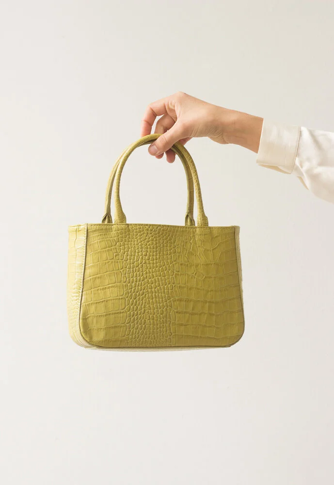 1990s Chartreuse Crocodile Embossed Leather Mini Tote