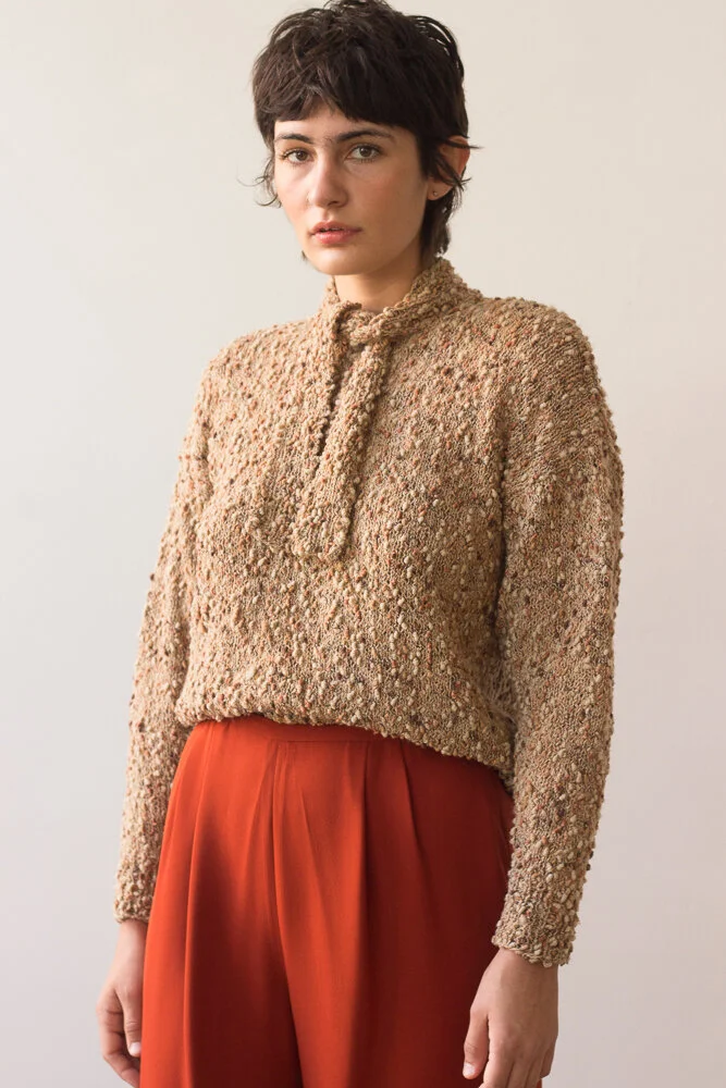 1970s Bouclé Tie Collar Cotton Sweater 