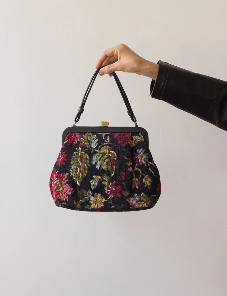1960s Floral Tapestry Purse with Leather Trim