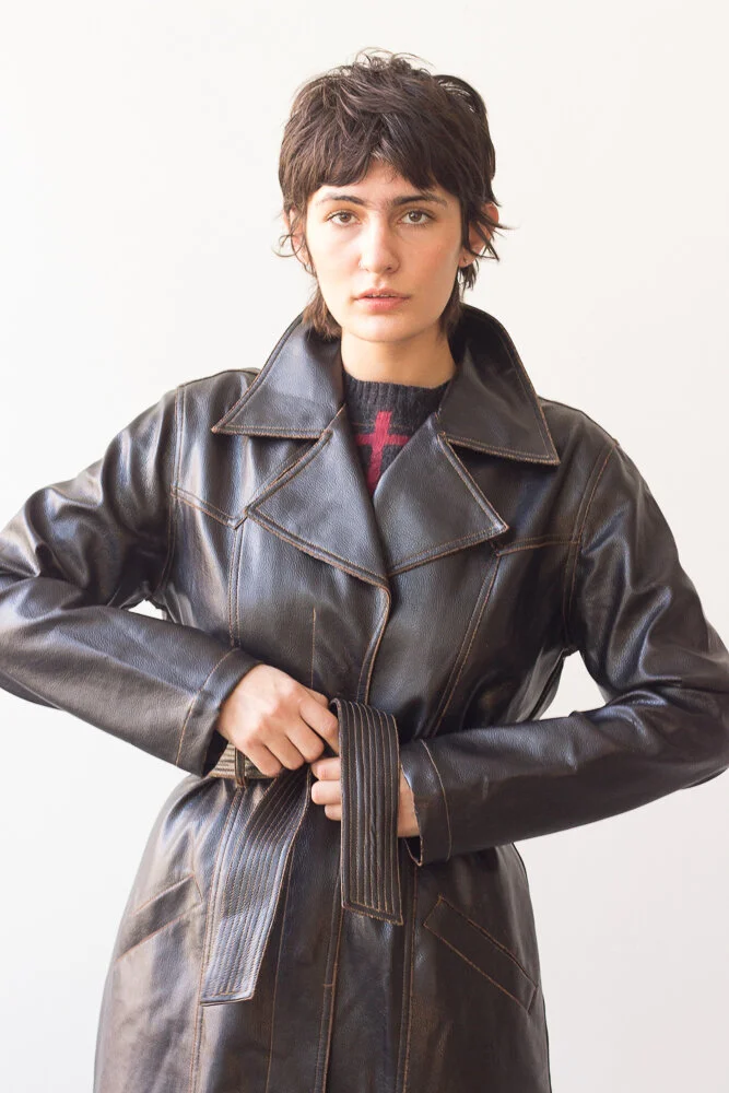 1990s Distressed Leather Snap Front Trench